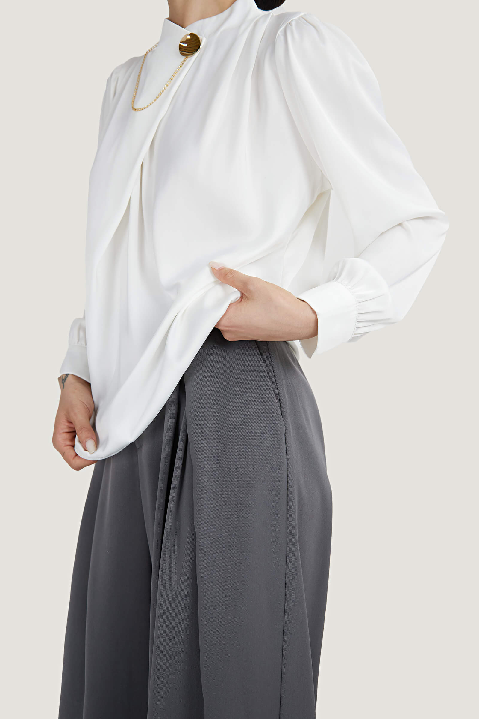 White Mock Neck Ornamental Lantern Sleeve Blouse