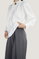 White Mock Neck Ornamental Lantern Sleeve Blouse