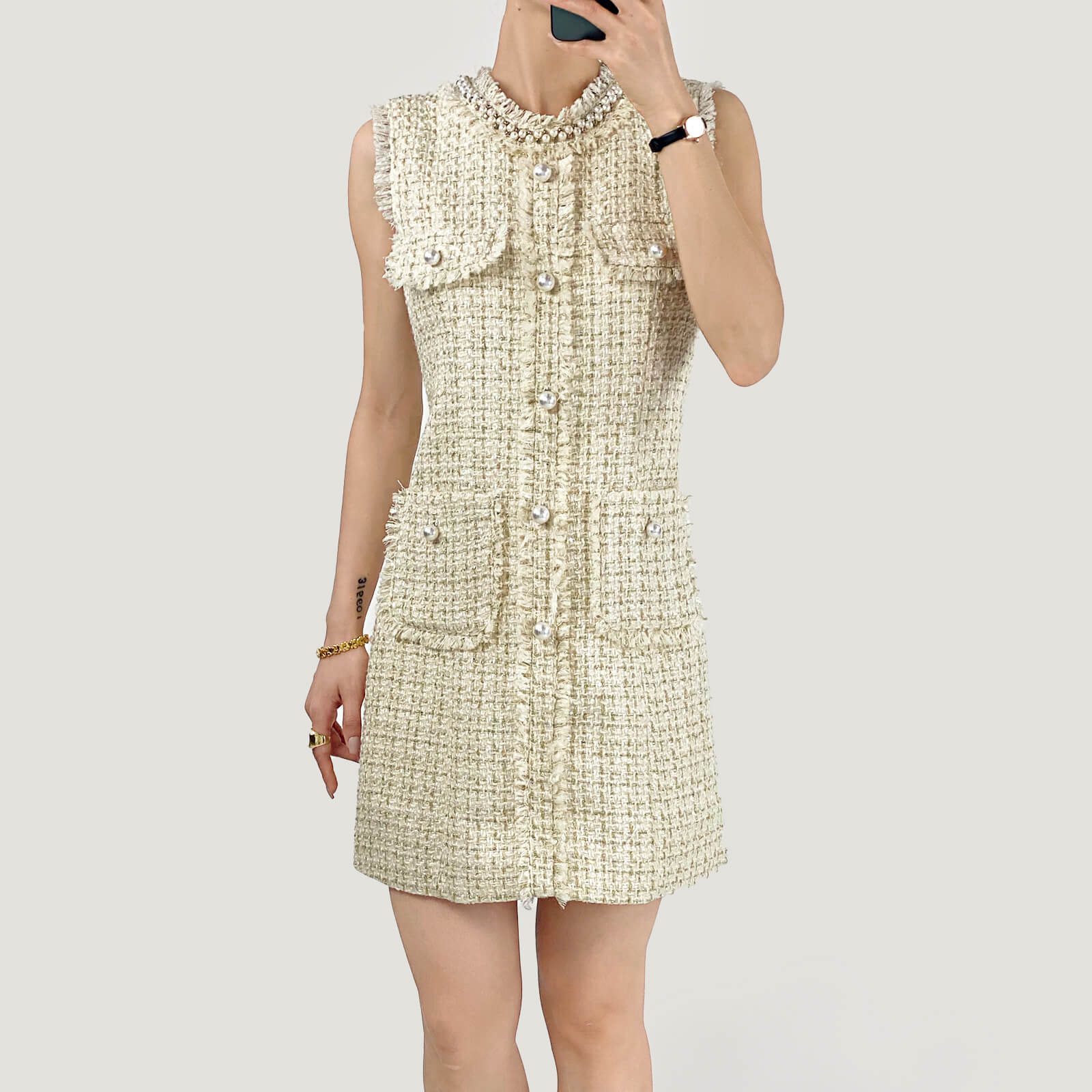 Plaid Raw Trim Tweed Sleeveless Mini Dress