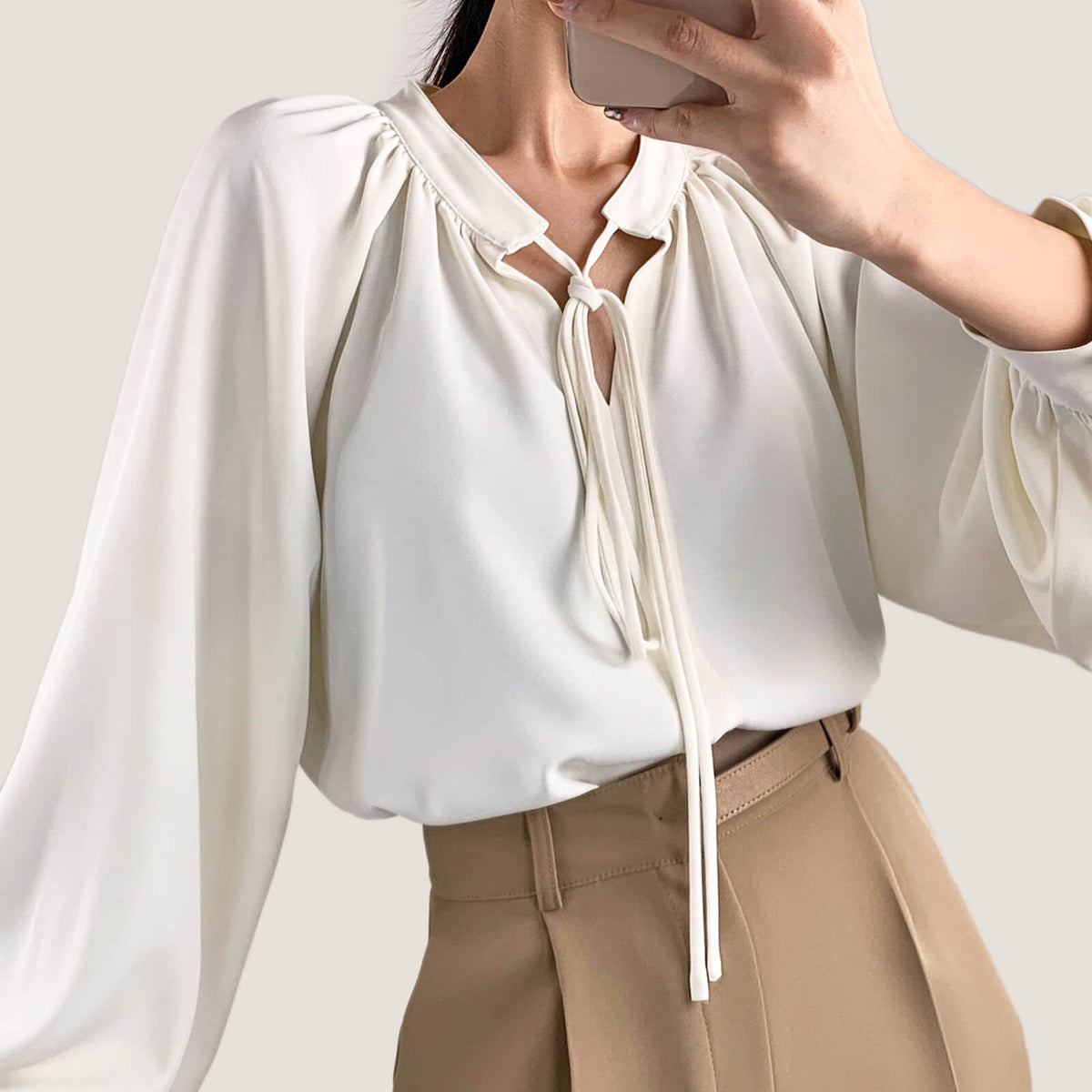 Ivory Tie Neck Balloon Sleeve Gathered Detail Blouse