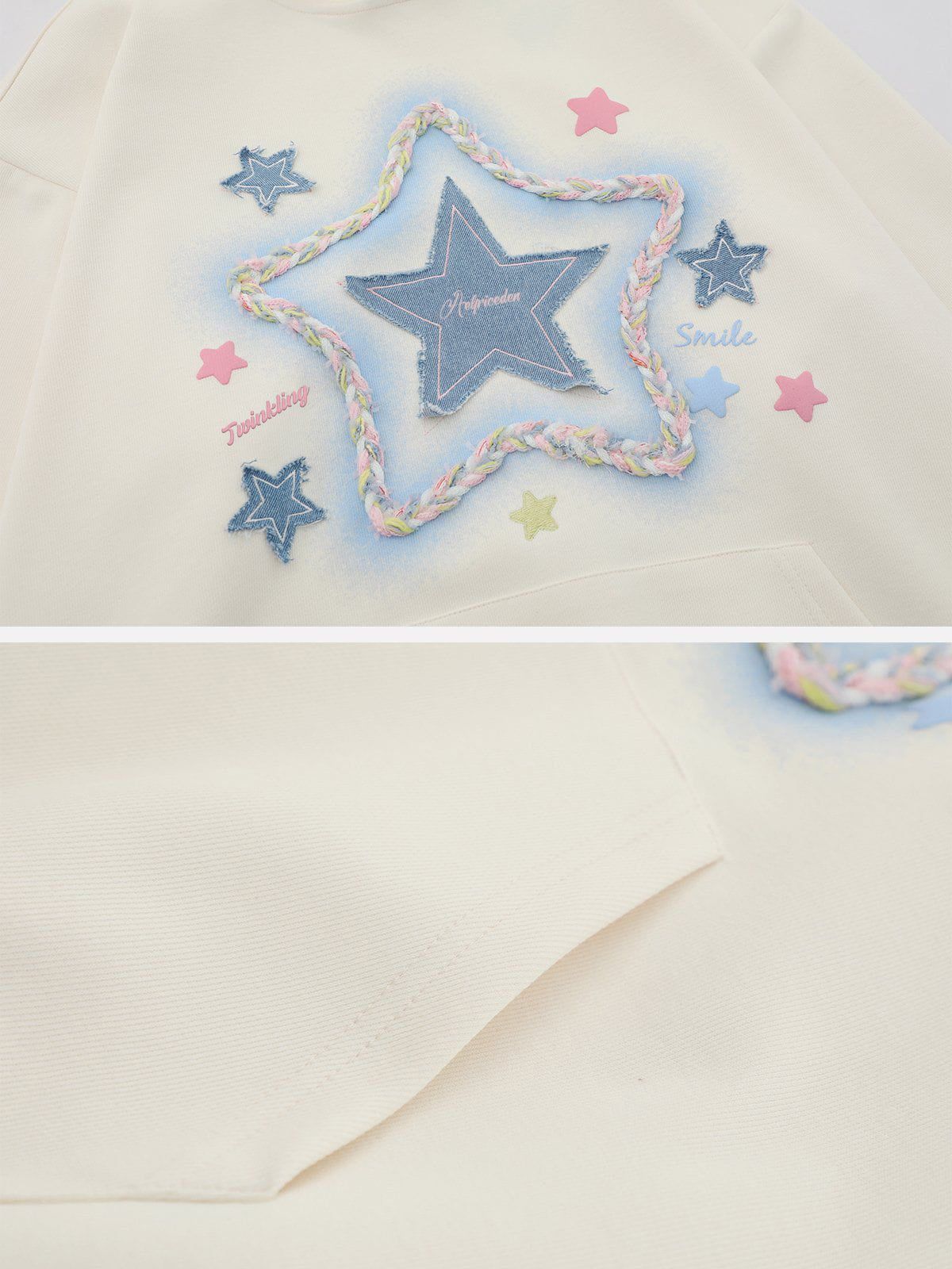 Denim Star Applique Embroidery Hoodie