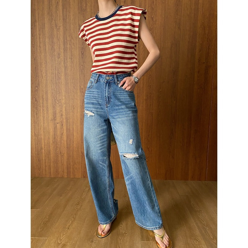 French Layered Striped Small Fly Sleeve Crew Neck Knitted Sweater T-Shirt