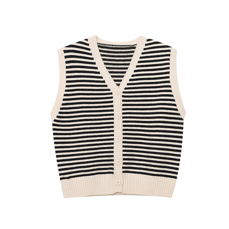 Vintage Striped Contrasting Knitted Cardigan Vest
