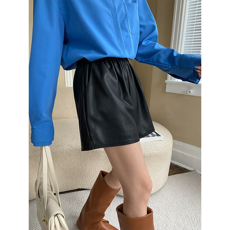 Loose A-leg Elastic Short Leather Pants