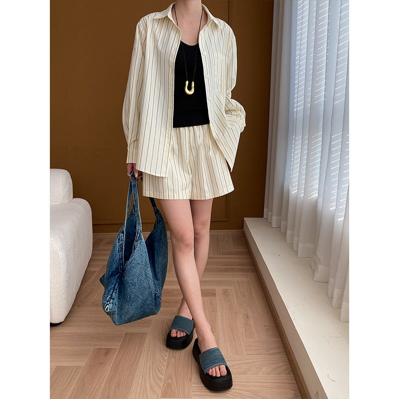Vertical Striped Shirt Shorts Sunscreen Two-piece Set