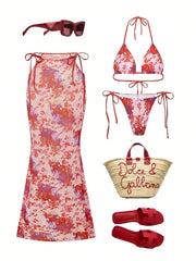 3-Piece Bikini Set Cross-Border Exclusive Floral Print Elegant Sets Sling Micro Bikini Sets Open Back Dress