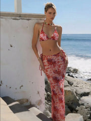 3-Piece Bikini Set Cross-Border Exclusive Floral Print Elegant Sets Sling Micro Bikini Sets Open Back Dress