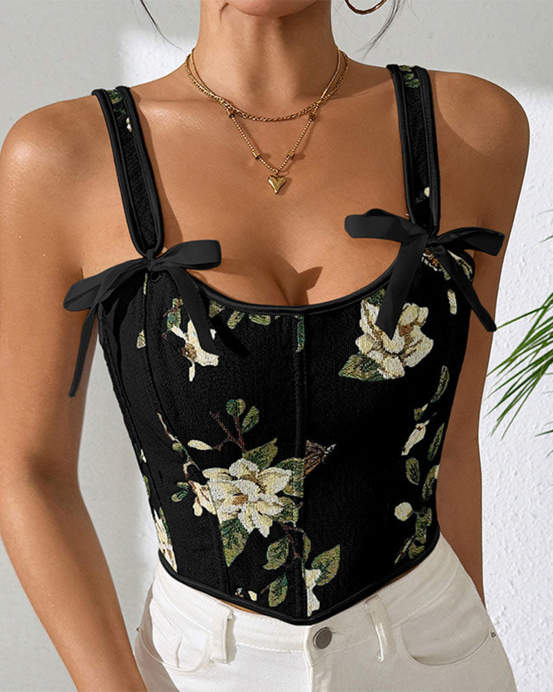 French Style Bow Lace-Up Floral Body Shaper Women's Sling Printed Slim-Fit Vest Corset