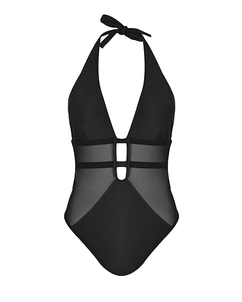 Women's Beach Vacation Deep V-Neck Backless Lace-Up Mesh One-Piece Swimsuit