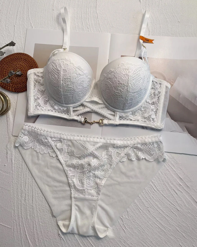 Women's Hollow Floral Lace Push-up Bra Set