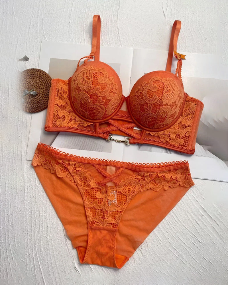 Women's Hollow Floral Lace Push-up Bra Set