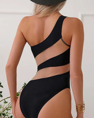Beach Vacation Off-shoulder Transparent Mesh Colorblock One-piece Swimsuit
