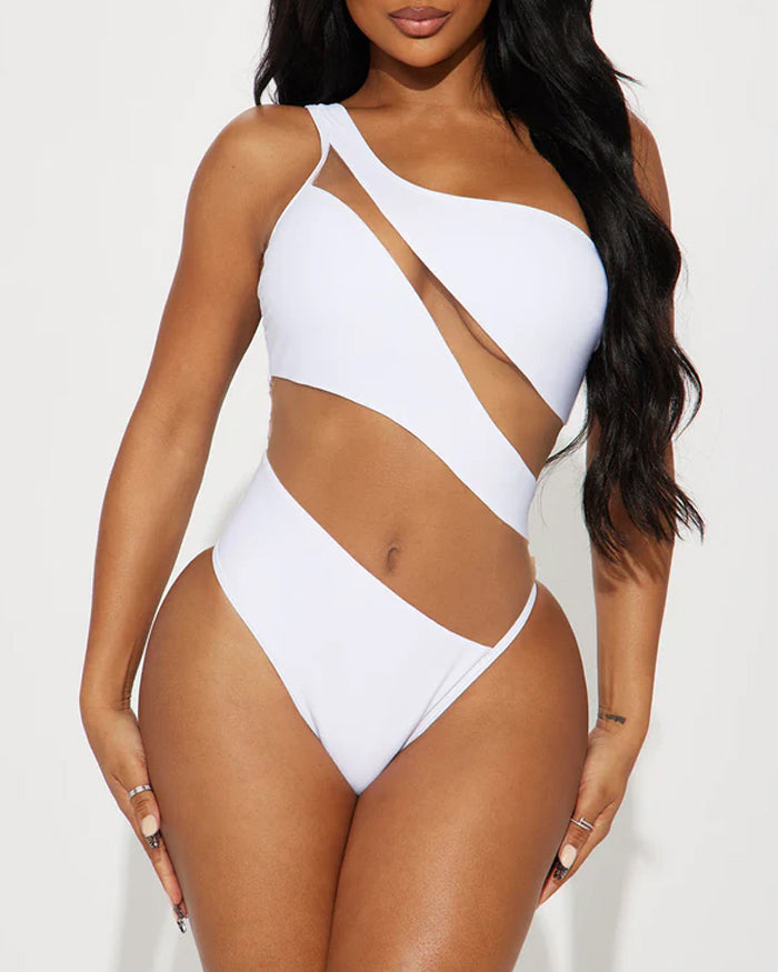 Beach Vacation Off-shoulder Transparent Mesh Colorblock One-piece Swimsuit
