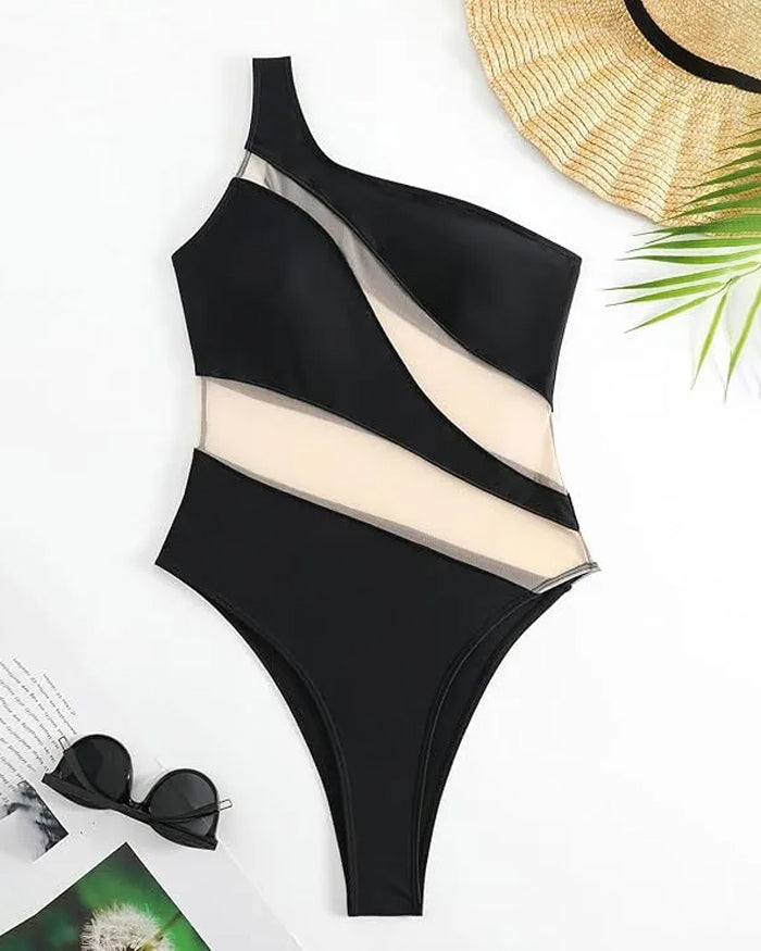 Beach Vacation Off-shoulder Transparent Mesh Colorblock One-piece Swimsuit
