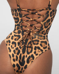 Women's Deep V Leopard Print Back Drawstring Waist Shaping One-Piece Swimsuit