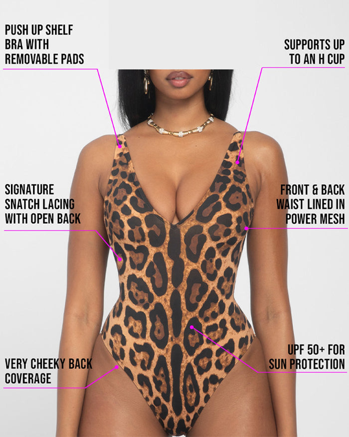 Women's Deep V Leopard Print Back Drawstring Waist Shaping One-Piece Swimsuit