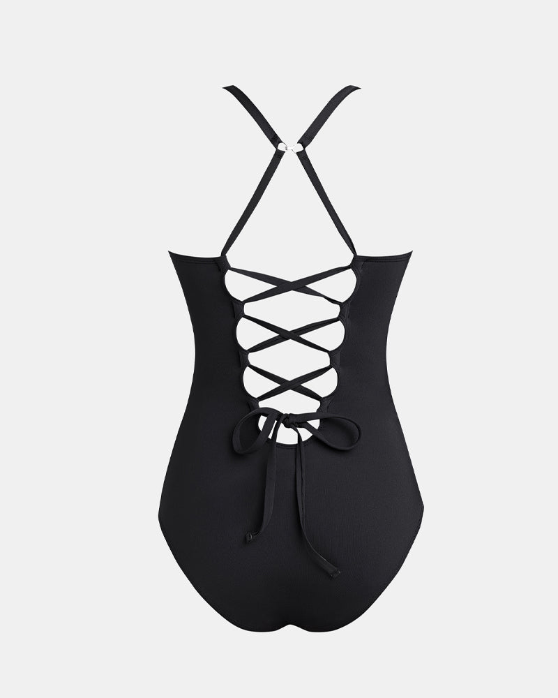 Deep V Low-Cut Slimming and Shaping Lace-Up Back Tummy-Control Adjustable Shoulder Straps One-Piece Swimsuit