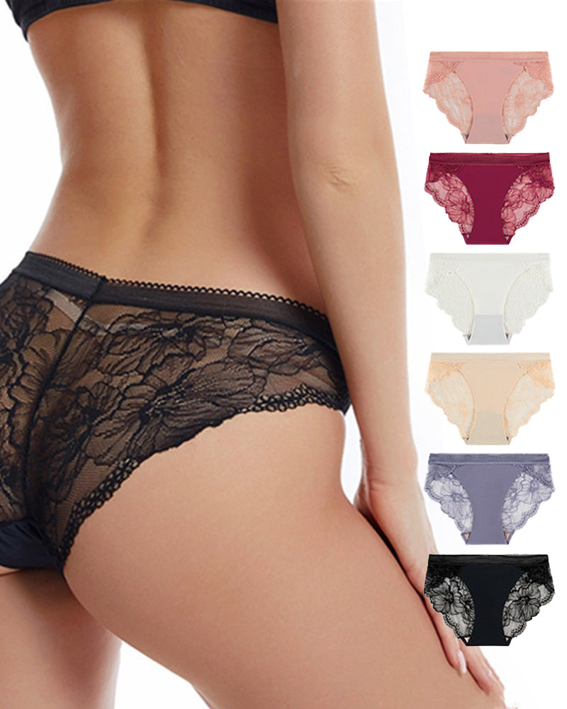 Mid-Waist Ice Silk Seamless Stitching Hollow Lace Cotton Crotch Breathable Panties