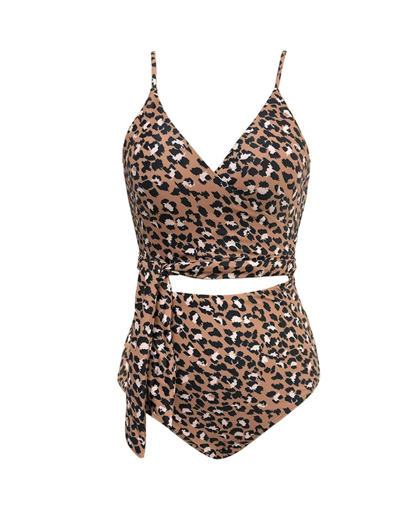 Women's V-neck Wrap Cross Strap Hollow One-Piece Swimsuit