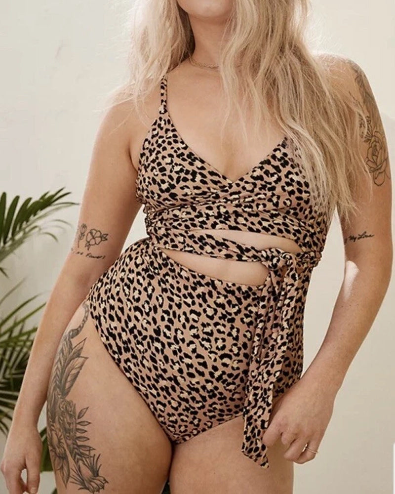 Women's V-neck Wrap Cross Strap Hollow One-Piece Swimsuit