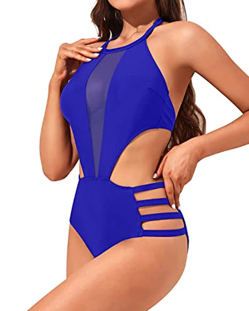 Women's Round Neck Open Back Mesh Stitching One-Piece Swimsuit