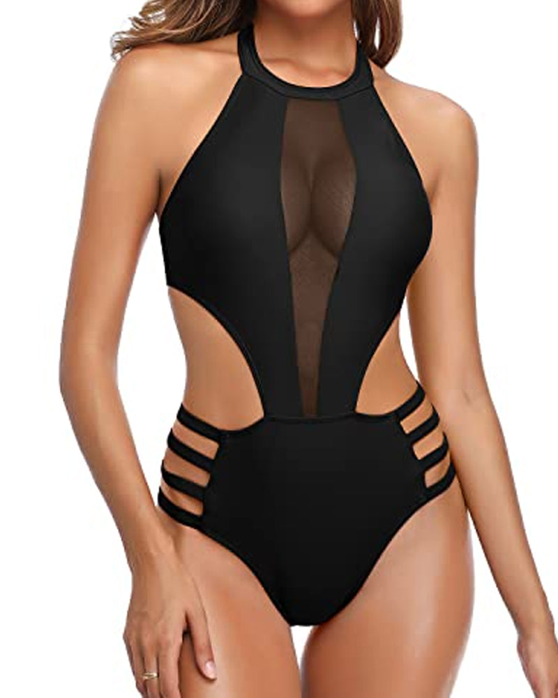 Women's Round Neck Open Back Mesh Stitching One-Piece Swimsuit