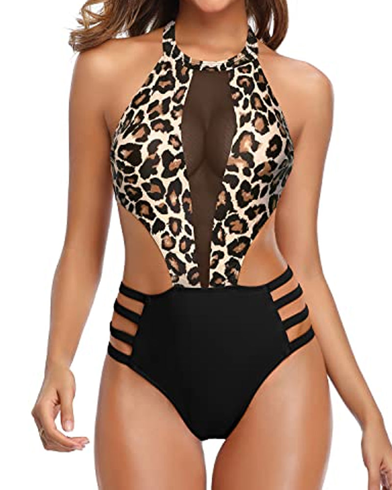 Women's Round Neck Open Back Mesh Stitching One-Piece Swimsuit