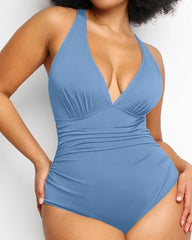 Beach Vacation Solid Color Deep V One-Piece Swimsuit