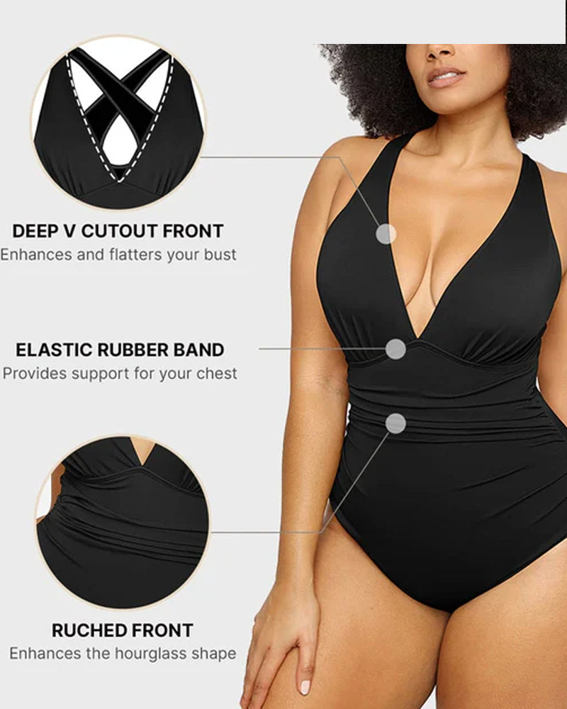 Beach Vacation Solid Color Deep V One-Piece Swimsuit