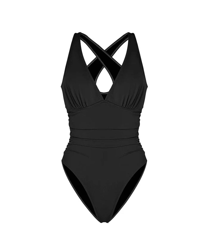 Beach Vacation Solid Color Deep V One-Piece Swimsuit