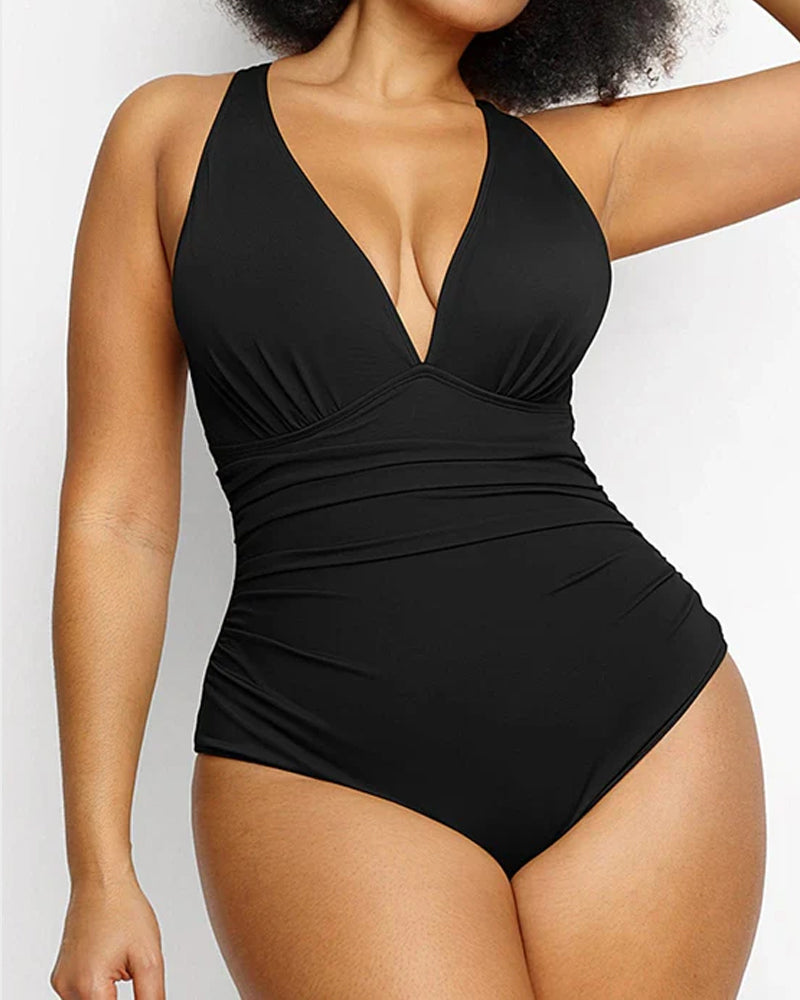 Beach Vacation Solid Color Deep V One-Piece Swimsuit