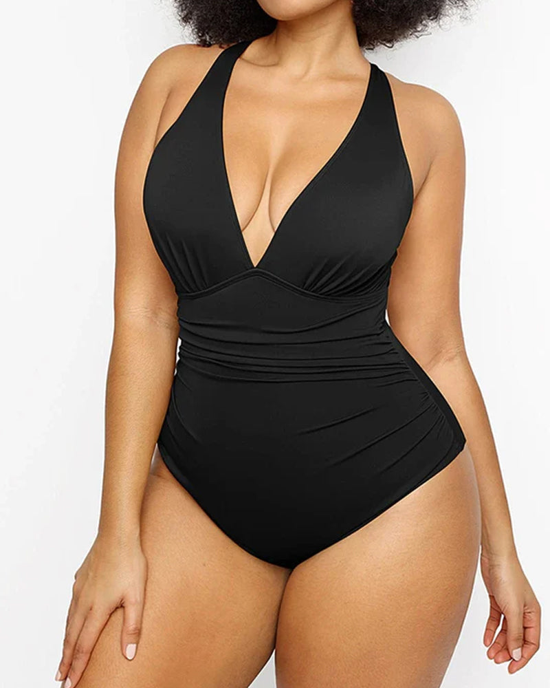 Beach Vacation Solid Color Deep V One-Piece Swimsuit