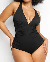 Beach Vacation Solid Color Deep V One-Piece Swimsuit