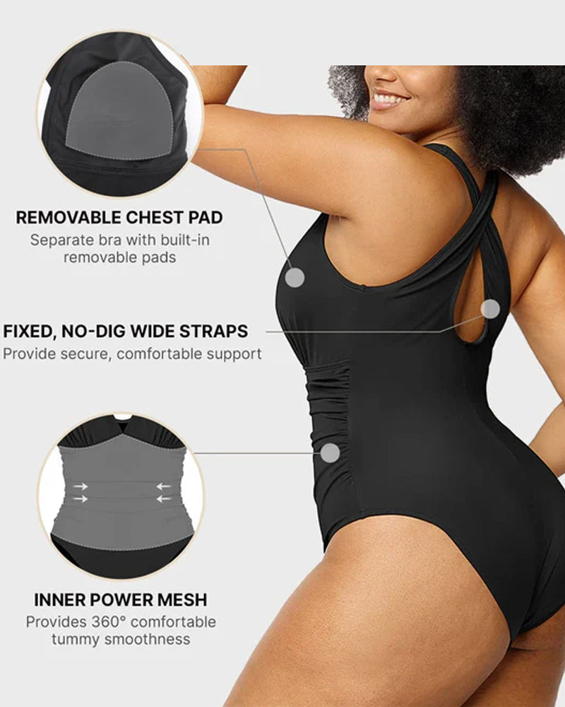 Beach Vacation Solid Color Deep V One-Piece Swimsuit