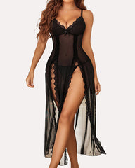Suspenders See-Through Lace Mesh Long Slits With Panties Pajamas Set