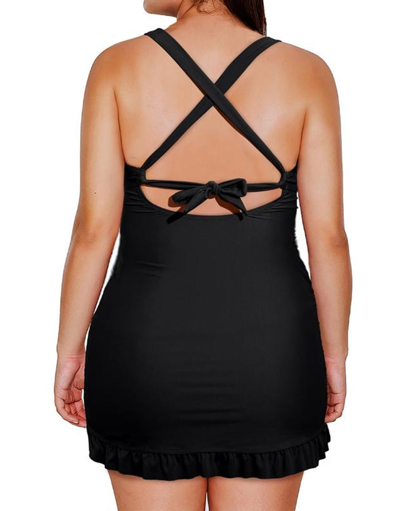 Women's V-Neck Belly-Control Backless Skirt One-Piece Swimsuit With Swimming Trunks Set