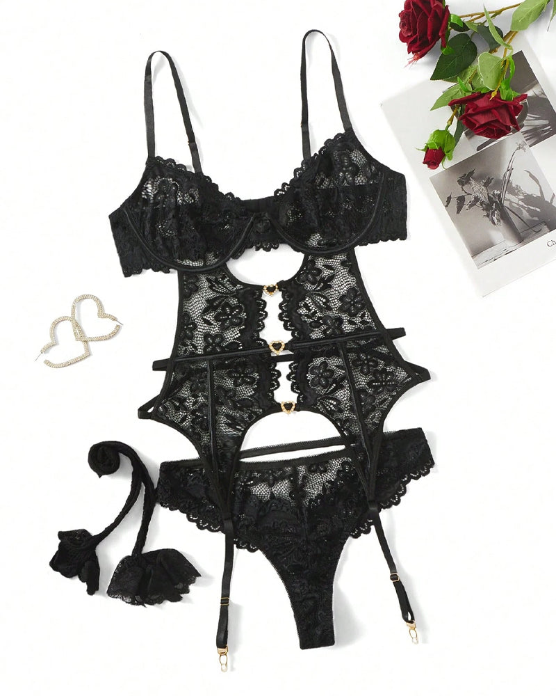 Women's Floral Lace Mesh Bodysuit with Garter Belt and Fishnet Stockings Set