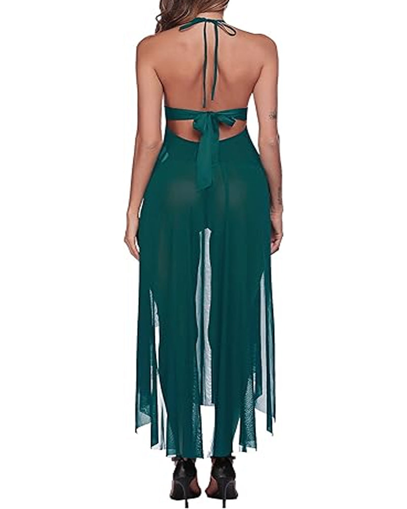 Women's Deep V Lace Mesh Front Slit Long Nightdress