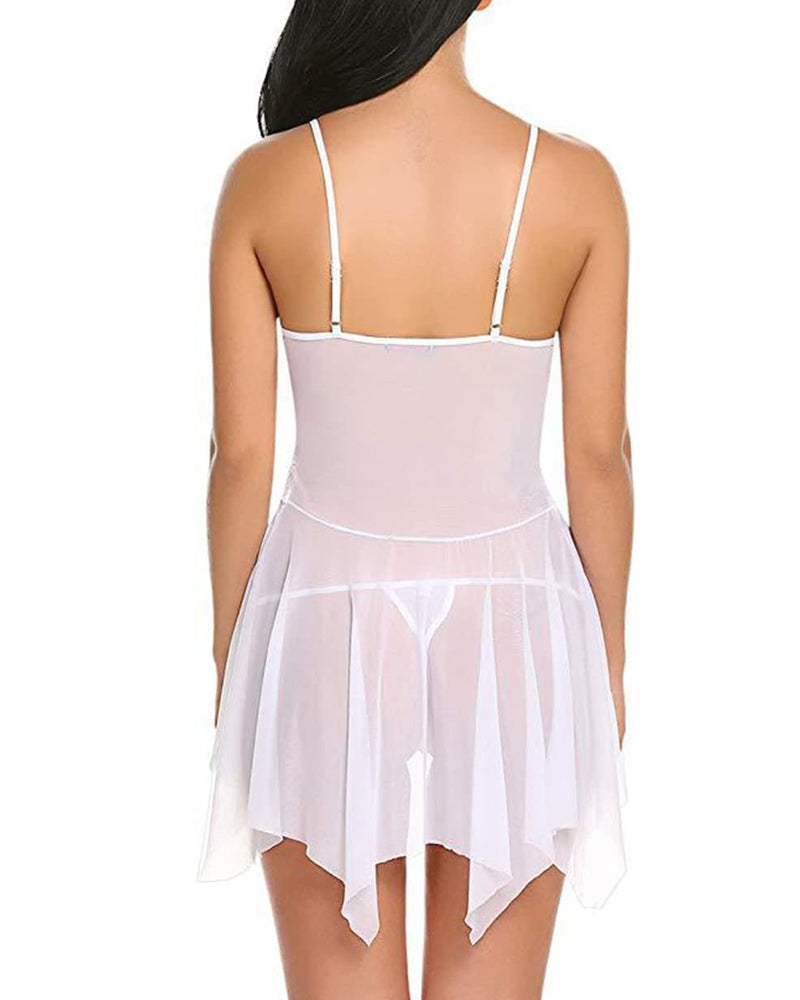 Women's Deep V Lace Mesh Irregular Hem Suspender Nightdress and Thong Set