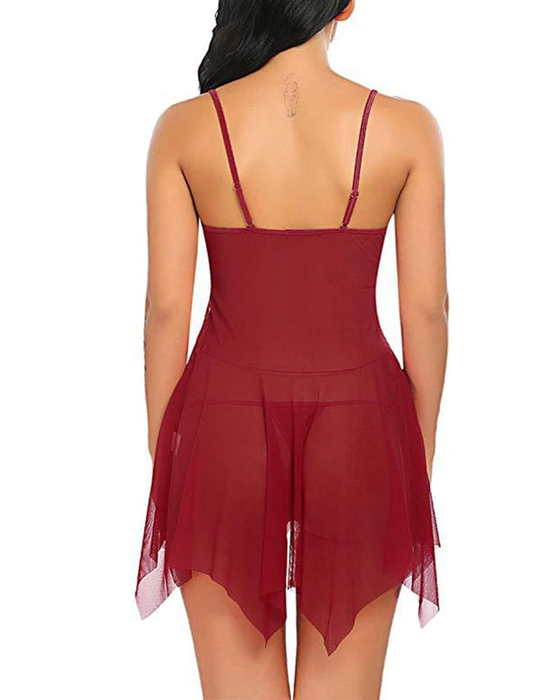Women's Deep V Lace Mesh Irregular Hem Suspender Nightdress and Thong Set