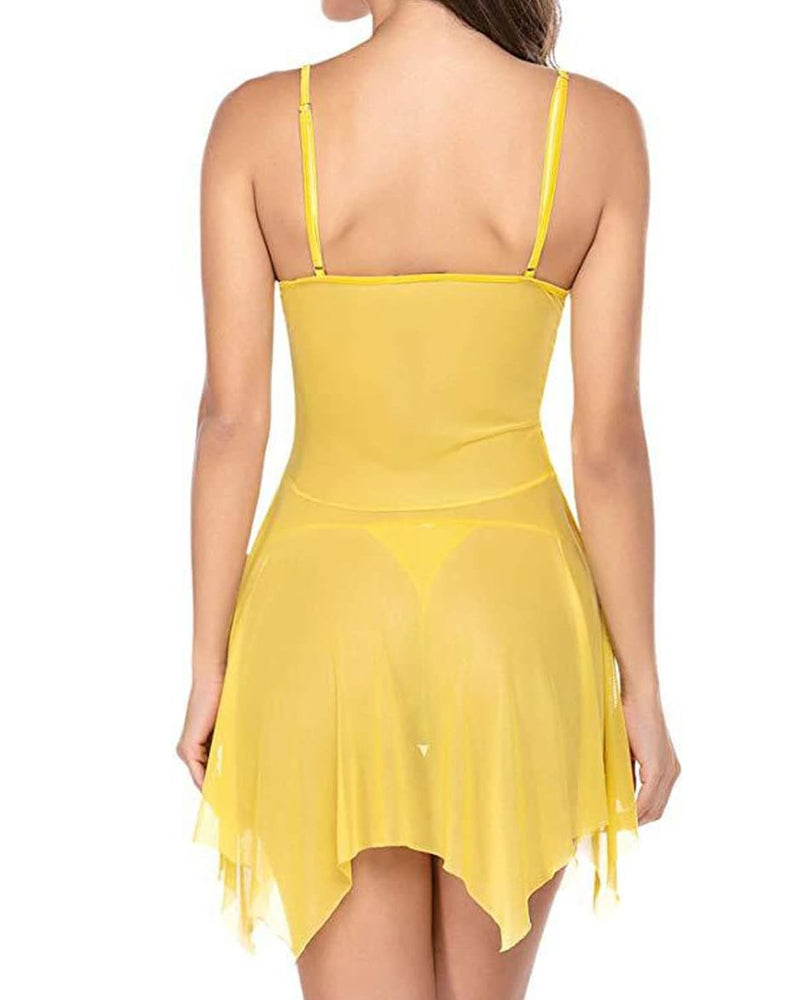 Women's Deep V Lace Mesh Irregular Hem Suspender Nightdress and Thong Set