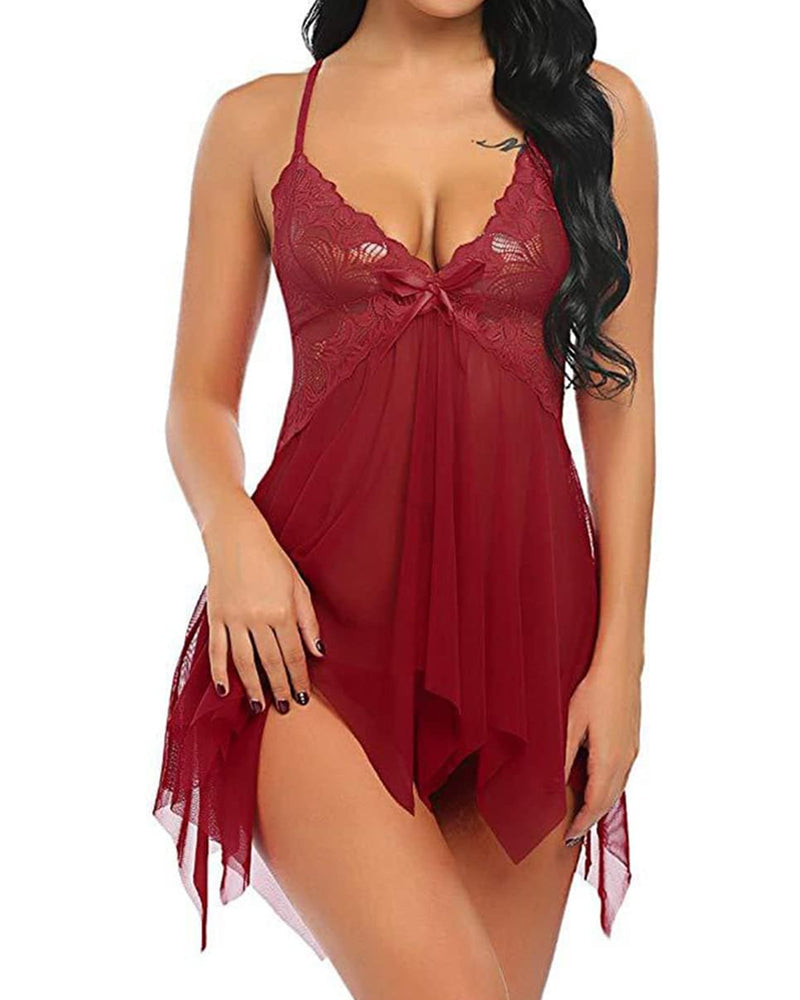 Women's Deep V Lace Mesh Irregular Hem Suspender Nightdress and Thong Set