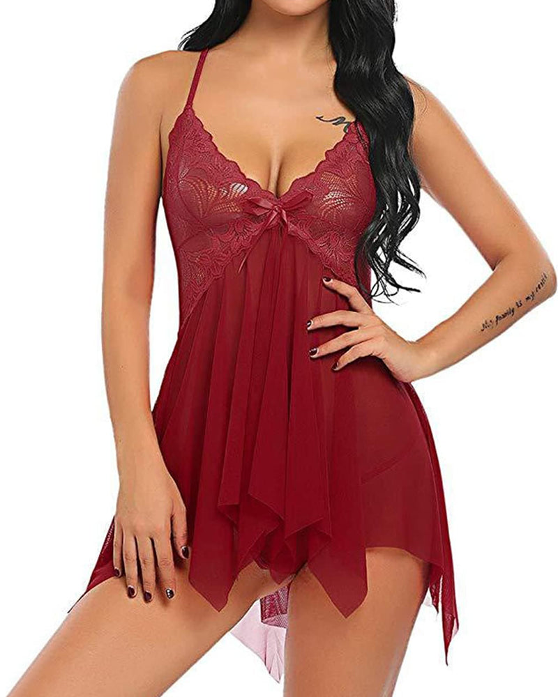 Women's Deep V Lace Mesh Irregular Hem Suspender Nightdress and Thong Set
