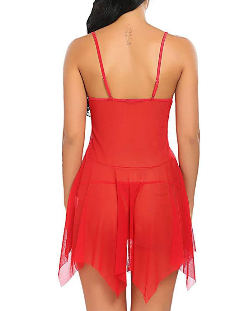 Women's Deep V Lace Mesh Irregular Hem Suspender Nightdress and Thong Set