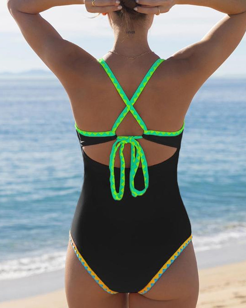 Women's Contrast Color Cross Strap Sleeveless Low Cut One-Piece Swimsuit