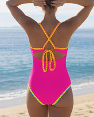 Women's Contrast Color Cross Strap Sleeveless Low Cut One-Piece Swimsuit