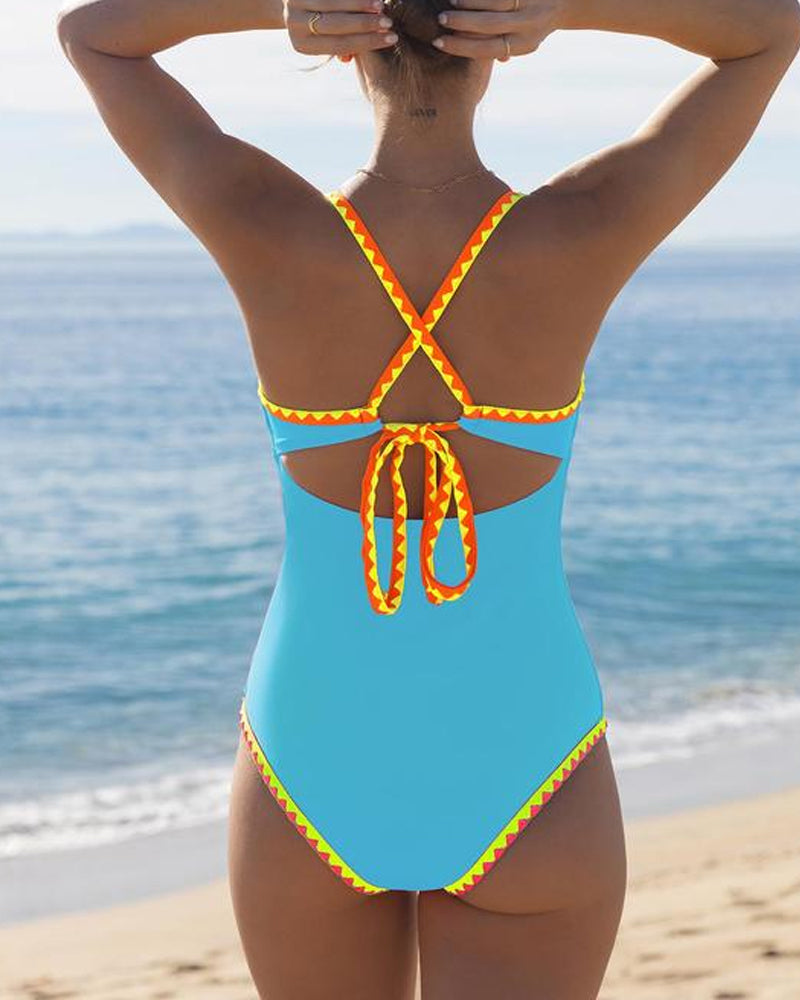 Women's Contrast Color Cross Strap Sleeveless Low Cut One-Piece Swimsuit