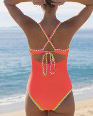 Women's Contrast Color Cross Strap Sleeveless Low Cut One-Piece Swimsuit