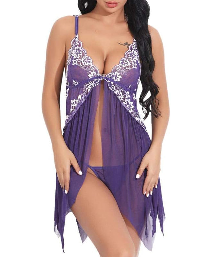 Deep V Lace Translucent Mesh Front Button Suspender Nightdress and Thong Set