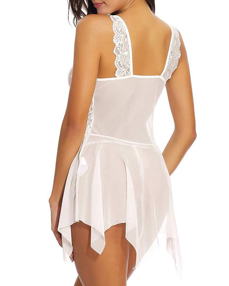 Deep V Lace Translucent Mesh Front Button Suspender Nightdress and Thong Set